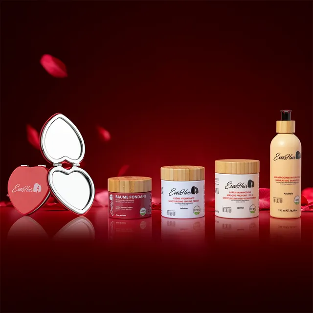 Gamme de cosmétiques sur fond rouge